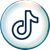 A dark blue TikTok logo icon on a white circular background with a subtle, iridescent light blue border.