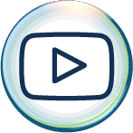 A dark blue YouTube play icon centered inside a circular frame with a subtle, multicolored iridescent border.