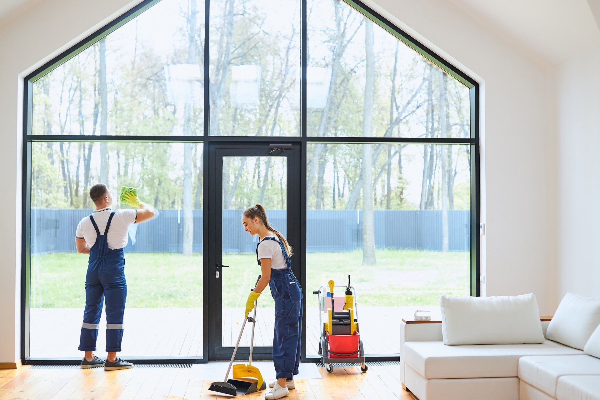 A man and a woman are cleaning windows in a living room.