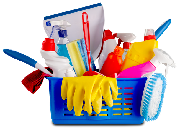 A blue basket filled with cleaning supplies and a pair of yellow gloves