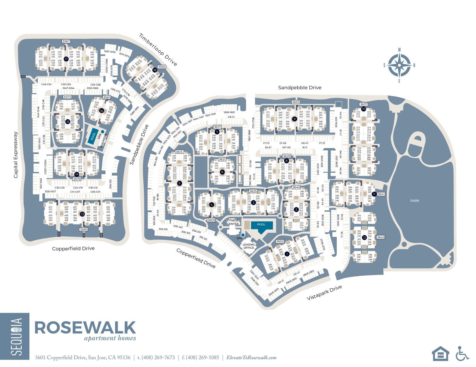 Floor plan for Rosewalk apartment complex, showing buildings, roads, pools, and amenities.