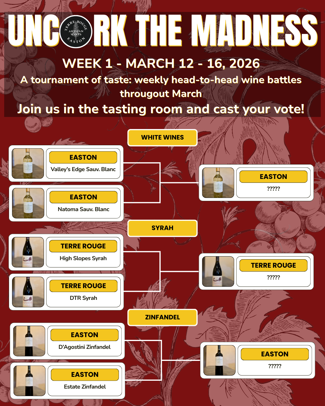 Black wine tote bag with the Terre Rouge Artisan Wines logo, holding bottles. Wooden background.