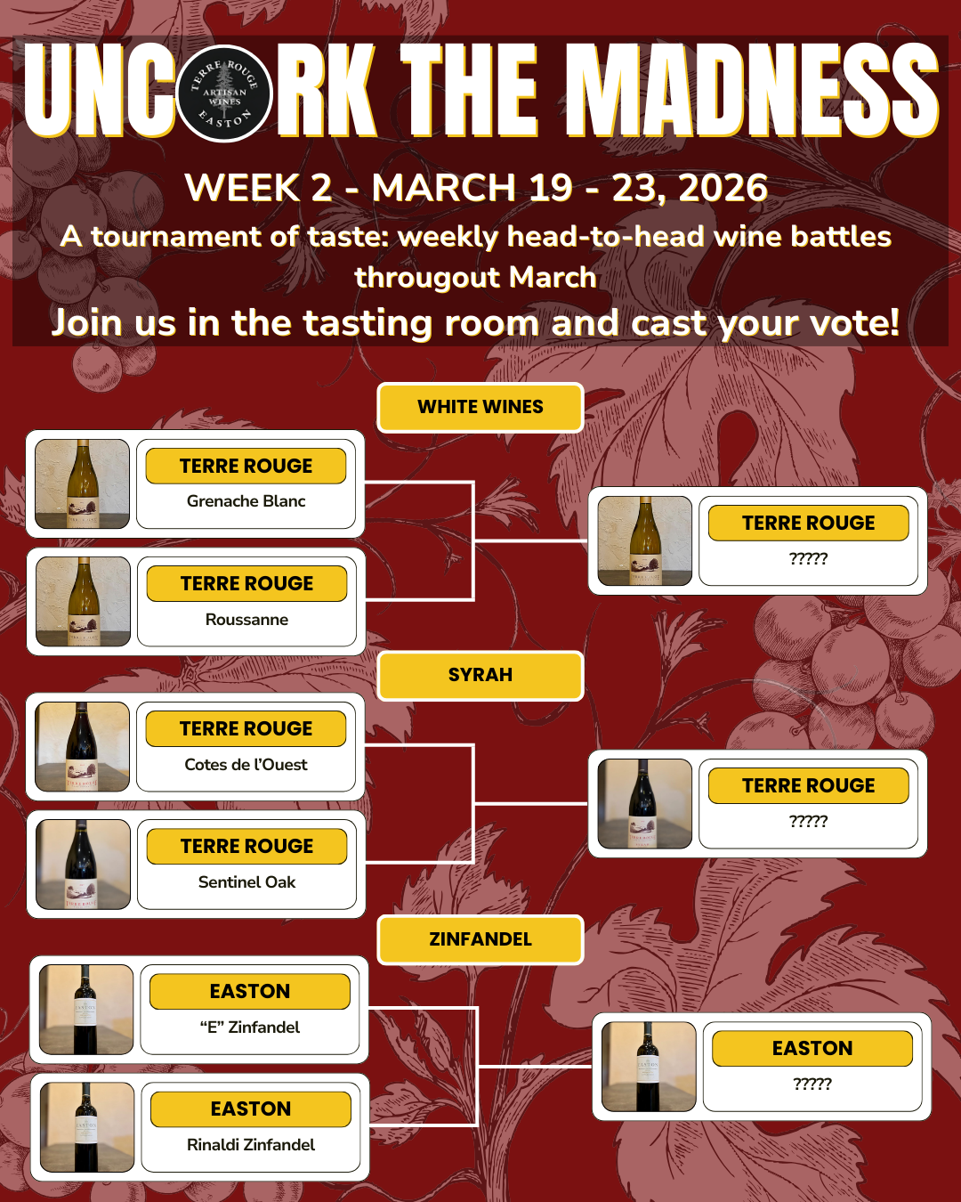 Black wine tote bag with the Terre Rouge Artisan Wines logo, holding bottles. Wooden background.