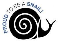 A black and white snail with the words `` proud to be a snail '' written around it.