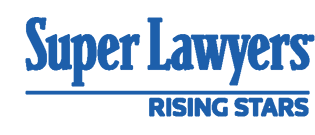 The logo for super lawyers rising stars is blue and white.