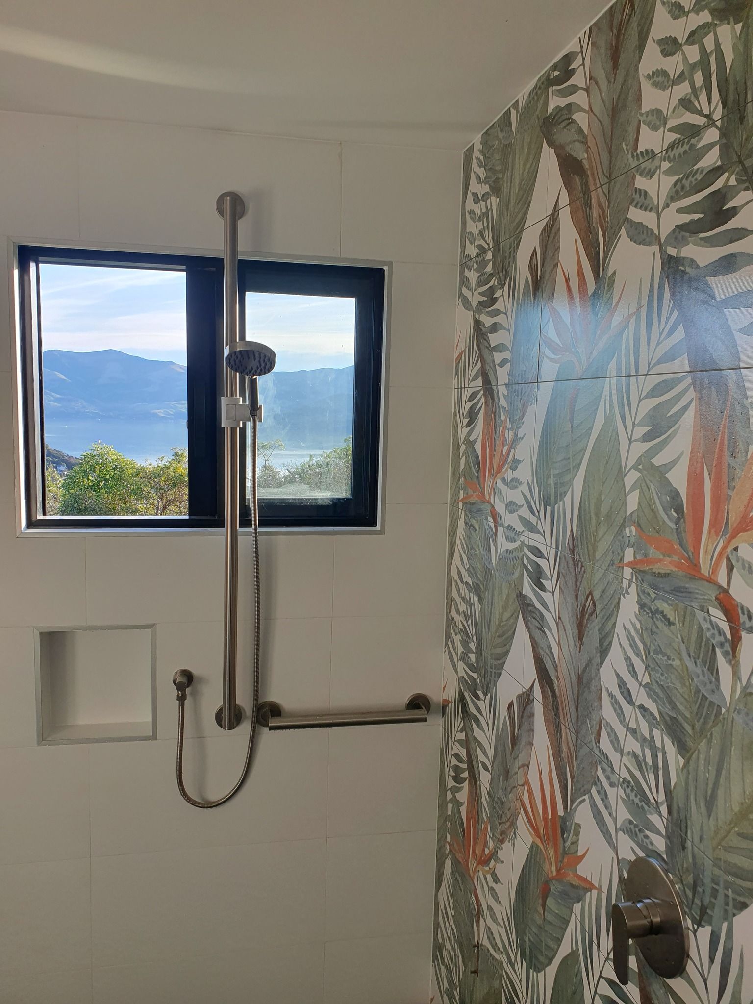 A bathroom with a shower and a window with a view of the ocean.