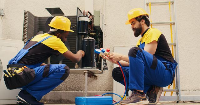 The HVAC service crew checks gauges while repairing the outdoor AC unit.