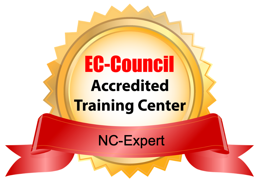 An ec-council accredited training center seal with a red ribbon
