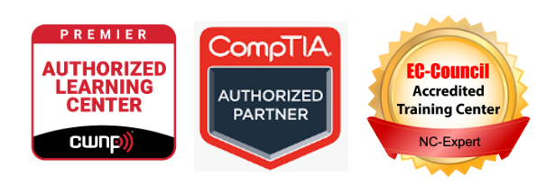 Three logos for cisco learning partner authorized learning center and ic council accredited training center