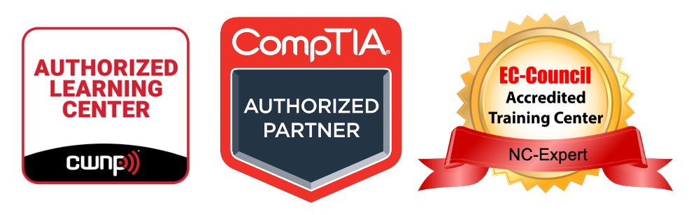 Three logos for CWNP authorized learning center, CompTIA authorized partner, and EC-Council accredited training center