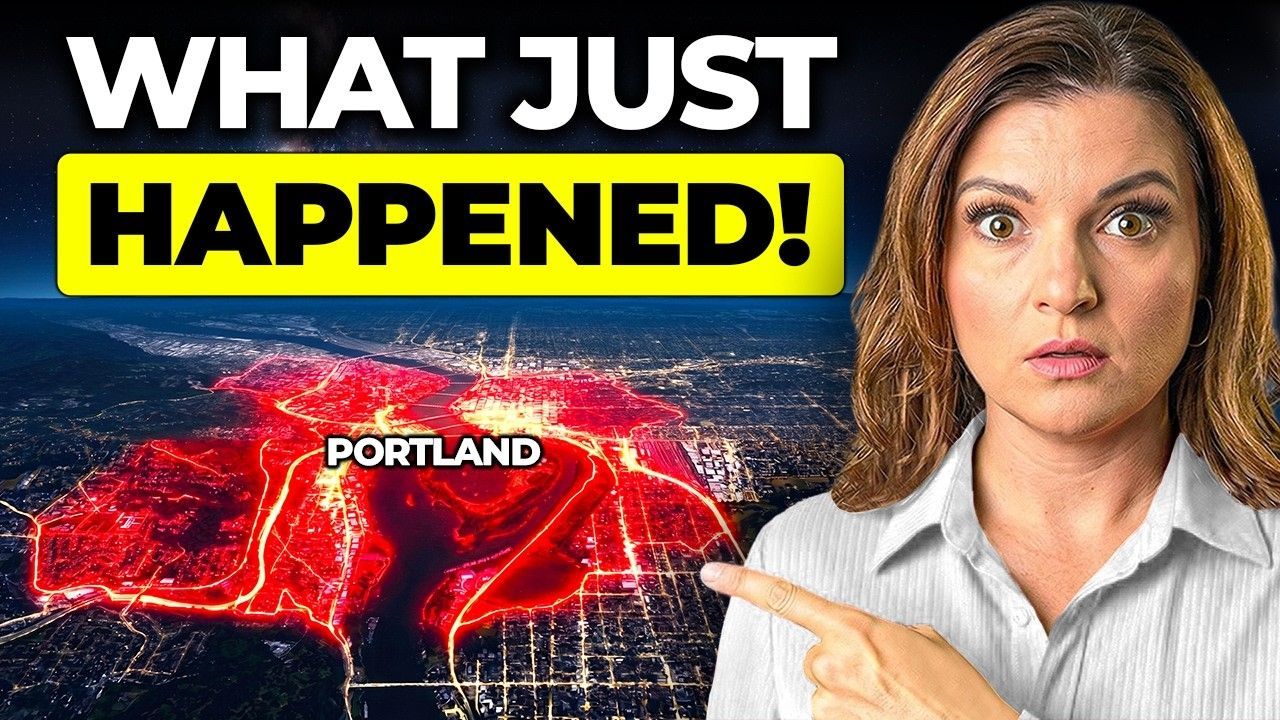 Thumbnail with shocked woman pointing at glowing red Portland map and headline “WHAT JUST HAPPENED!”