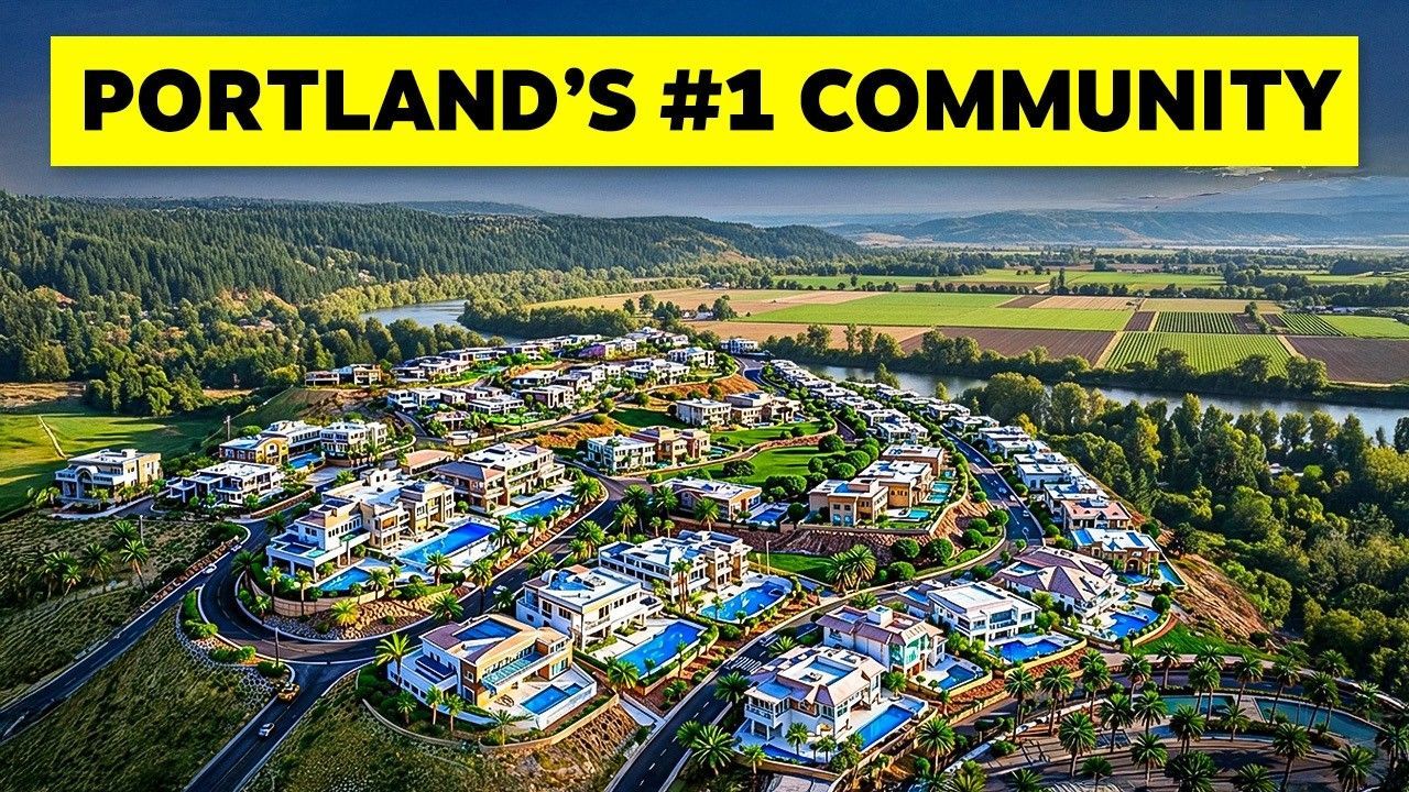 Aerial view of a suburban neighborhood with a yellow banner reading “PORTLAND’S #1 COMMUNITY”