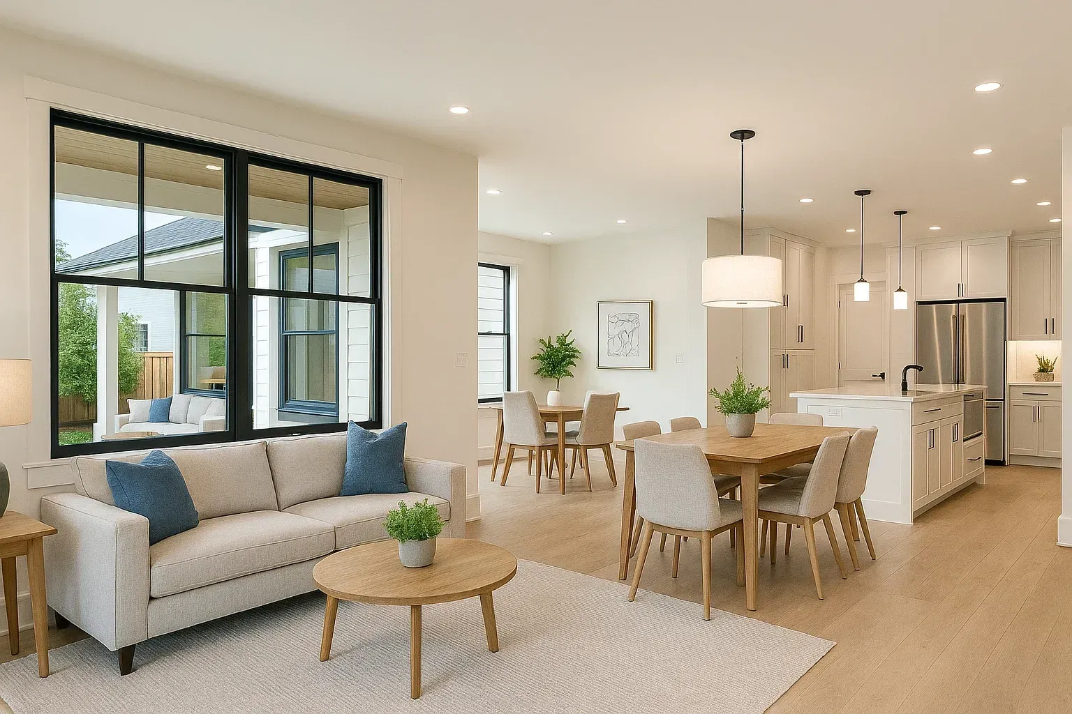 Modern open-plan living room with neutral colors. Includes a living area, dining table, and kitchen with large windows.