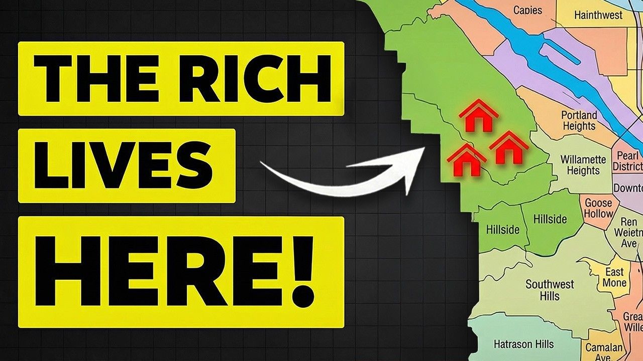 Yellow text “THE RICH LIVES HERE!” beside a map with red house icons and a curved white arrow