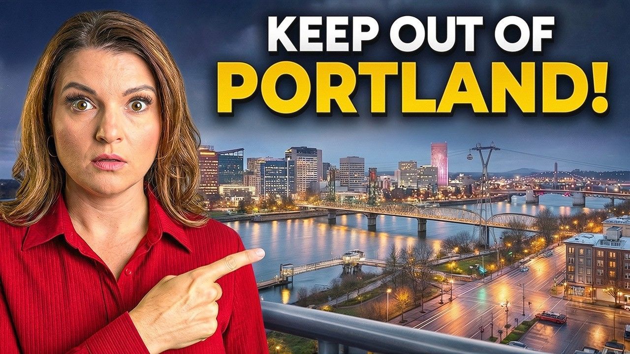 Woman in red points toward Portland skyline with text: “KEEP OUT OF PORTLAND!”