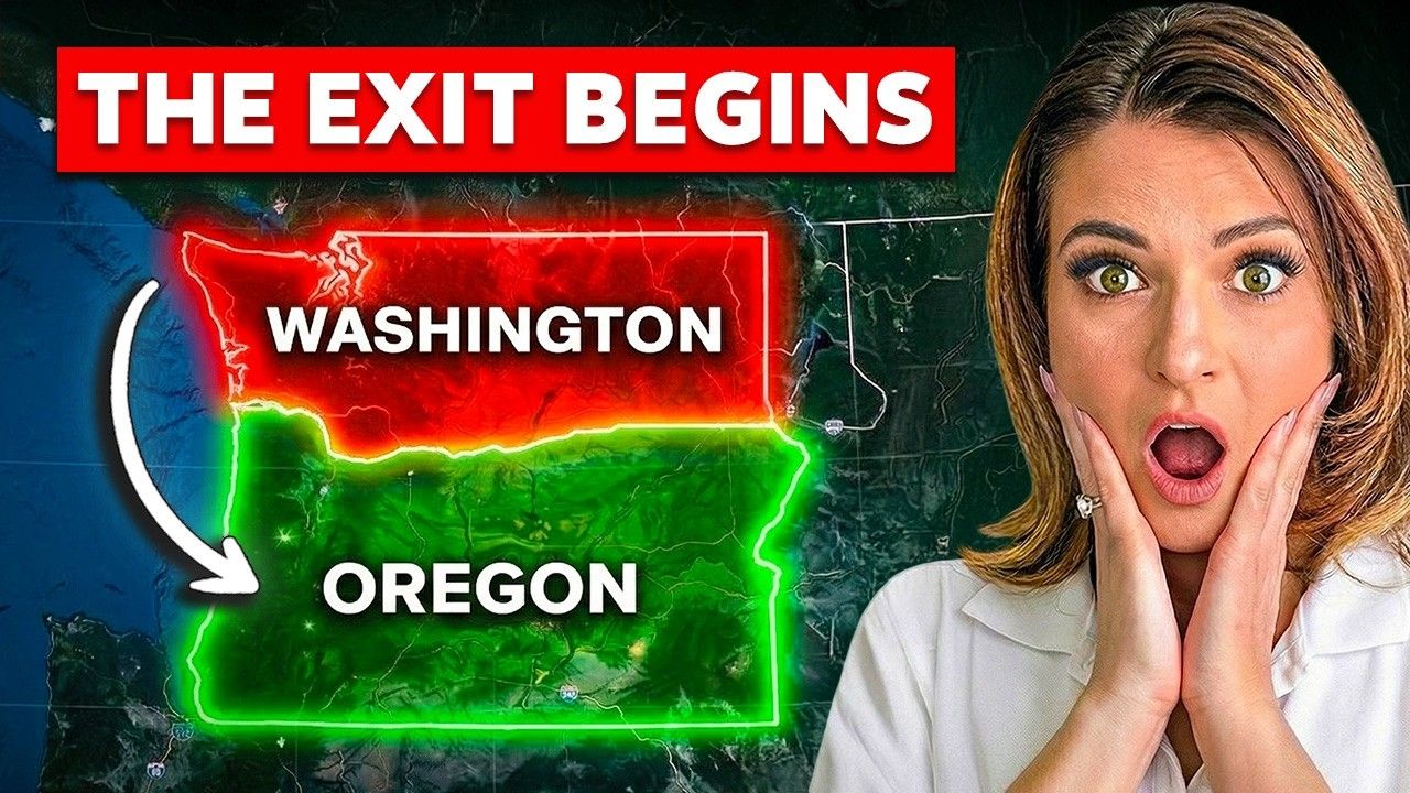 Map graphic with Washington and Oregon highlighted, “The Exit Begins,” and a shocked woman on the right.