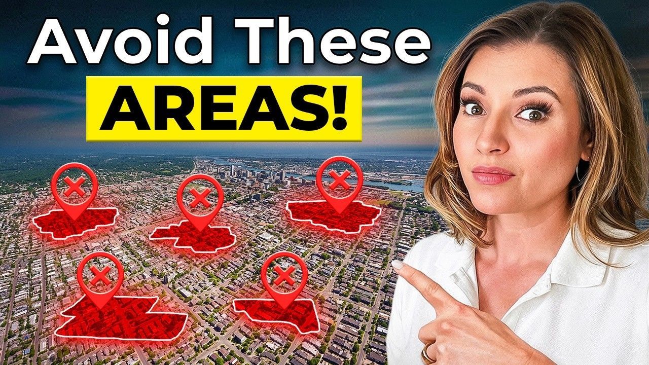 Text says “Avoid These Areas!” over a map with red location pins and a woman pointing at it
