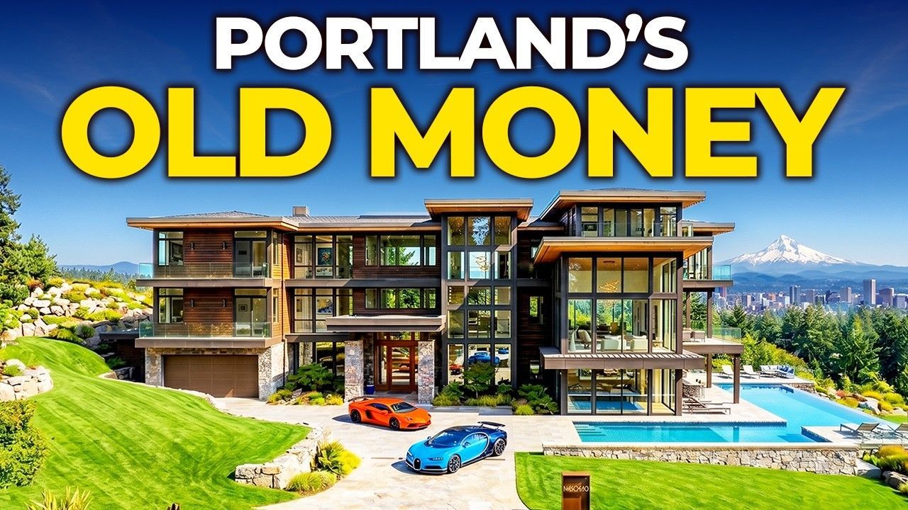 Portland hillside luxury house with pool, city view, and bold text reading “PORTLAND’S OLD MONEY”