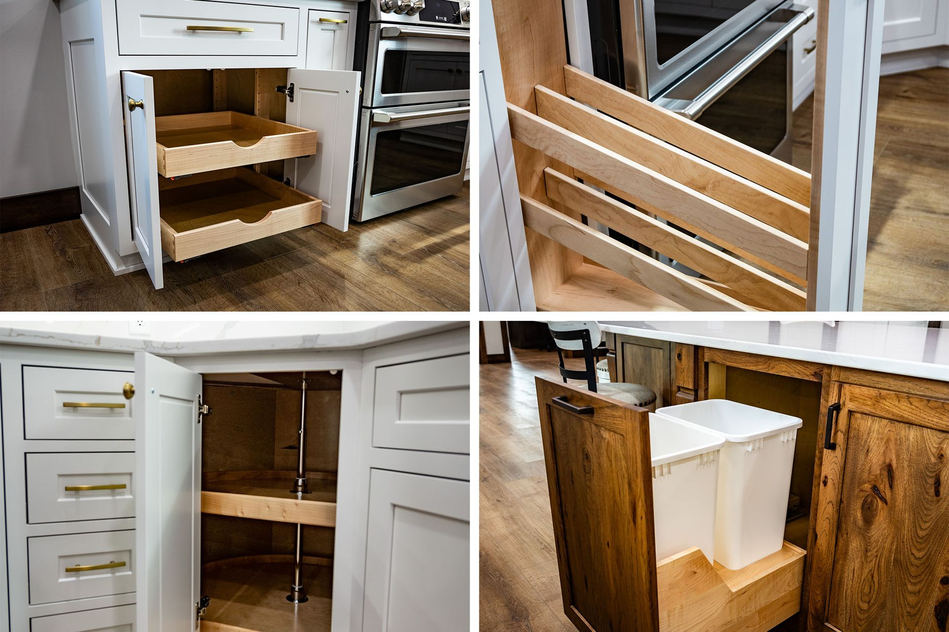 Custom white painted wood curio cabinet with unique arched openings.