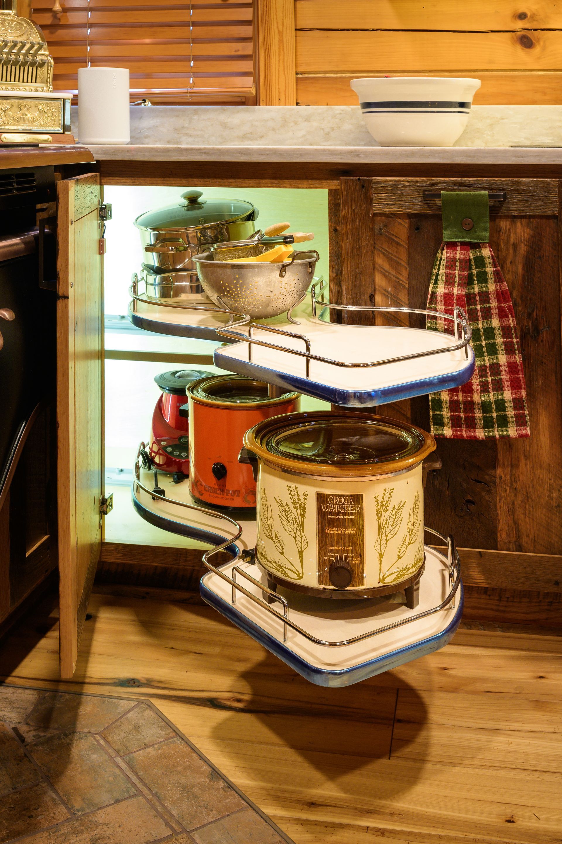 Custom reclaimed barnwood kitchen cabinets with Rev-a-Shelf double blind corner organizer with organizer out.