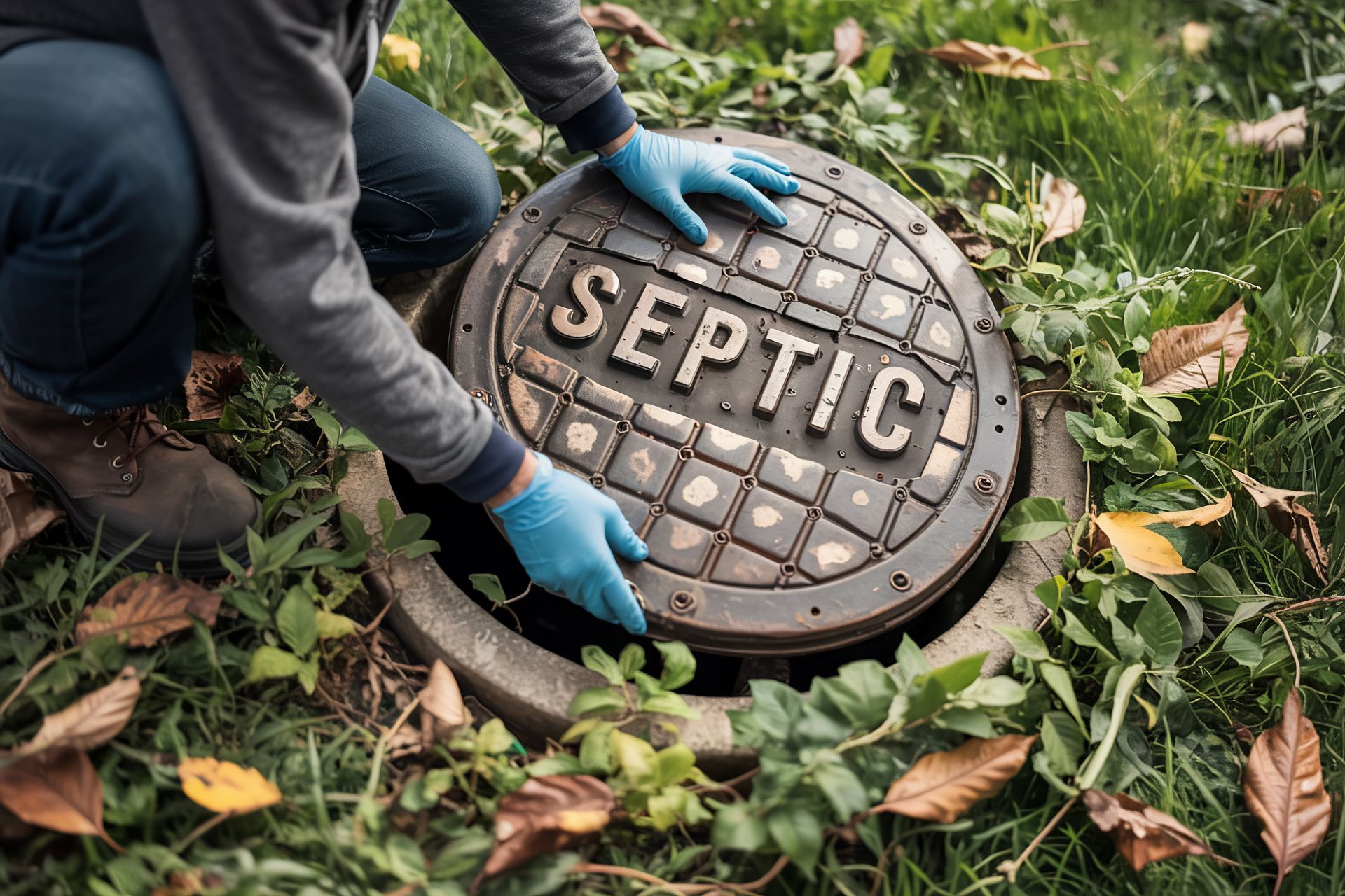 Gloved worker lifting a septic tank cover surrounded by grass and fallen leaves.