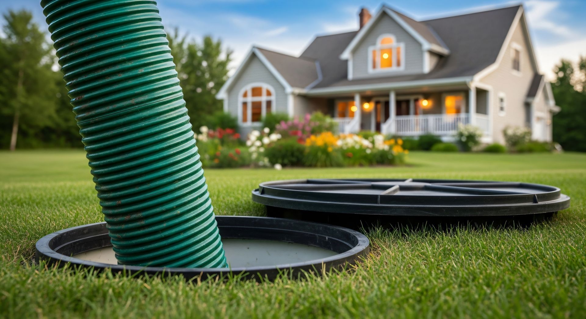 Open septic tank hatch with a green hose on a lawn in front of a house.