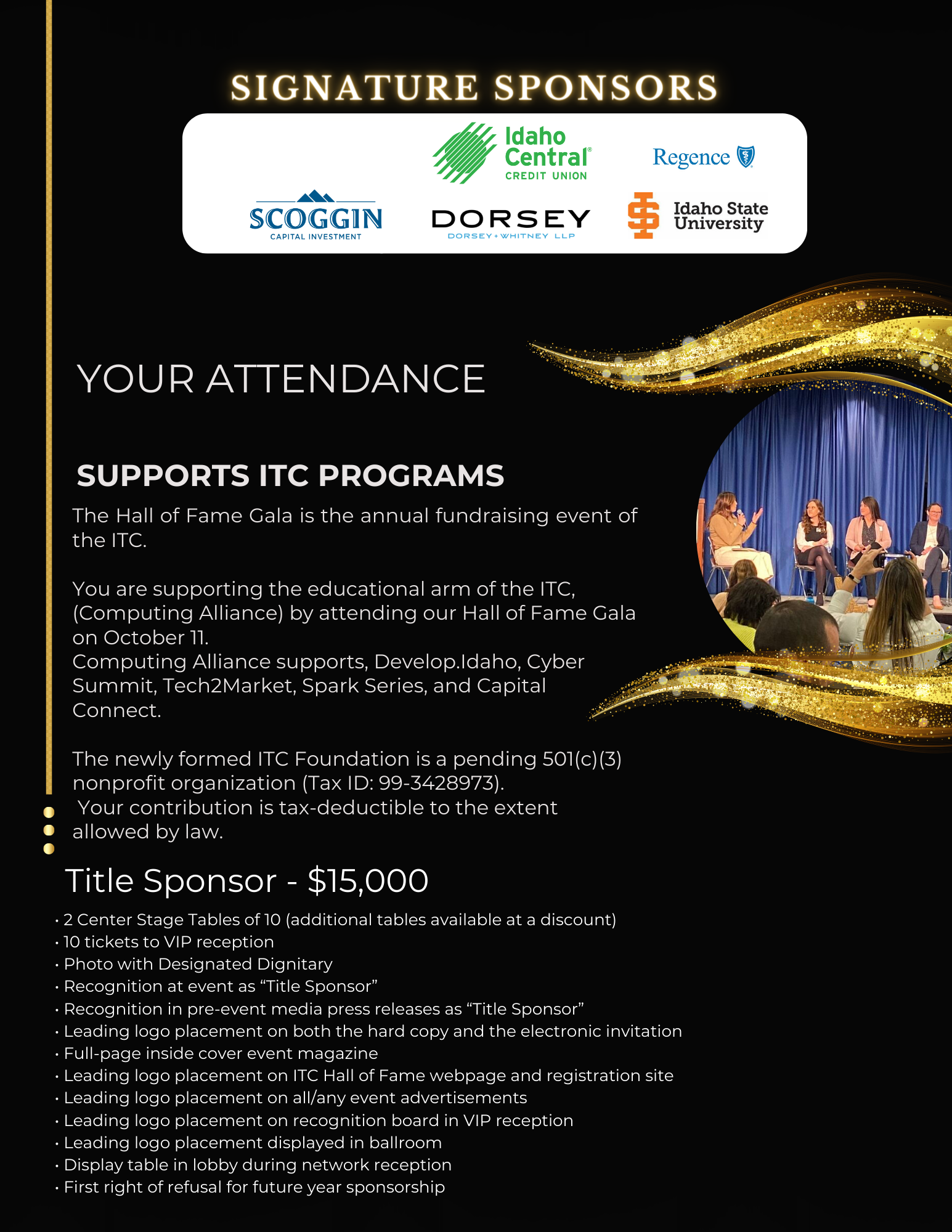 A flyer for signature sponsors with a picture of a group of people sitting at a table.