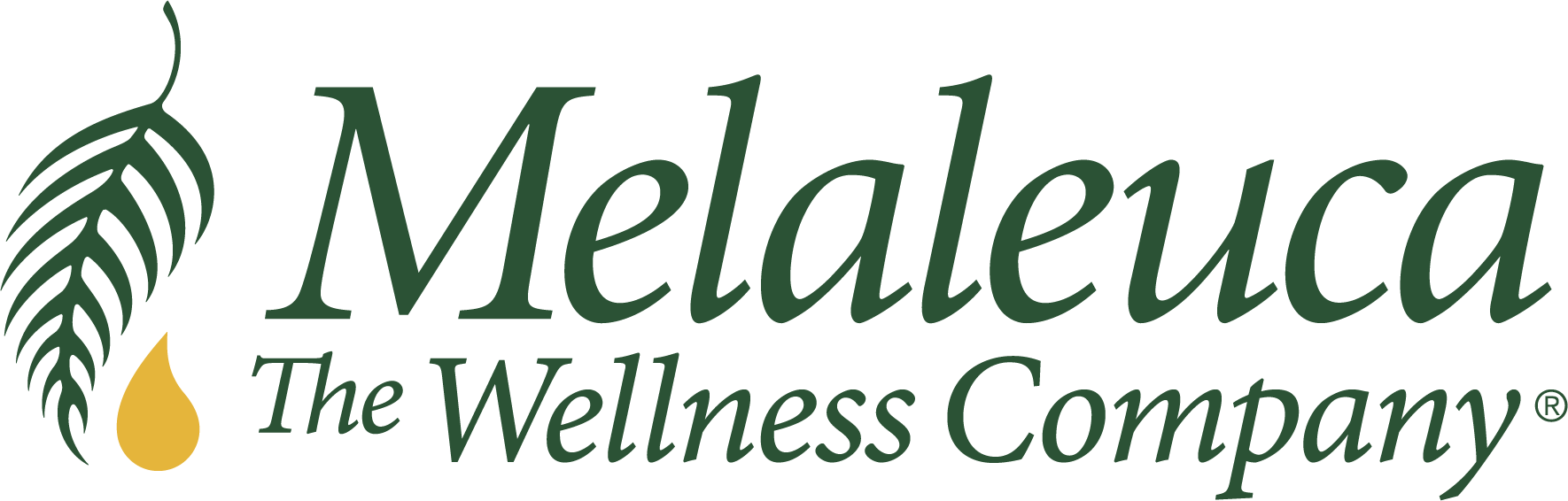 The logo for melaleuca the wellness company has a palm leaf and a drop of oil.