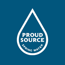 The logo for proud source spring water is a drop of water on a blue background.