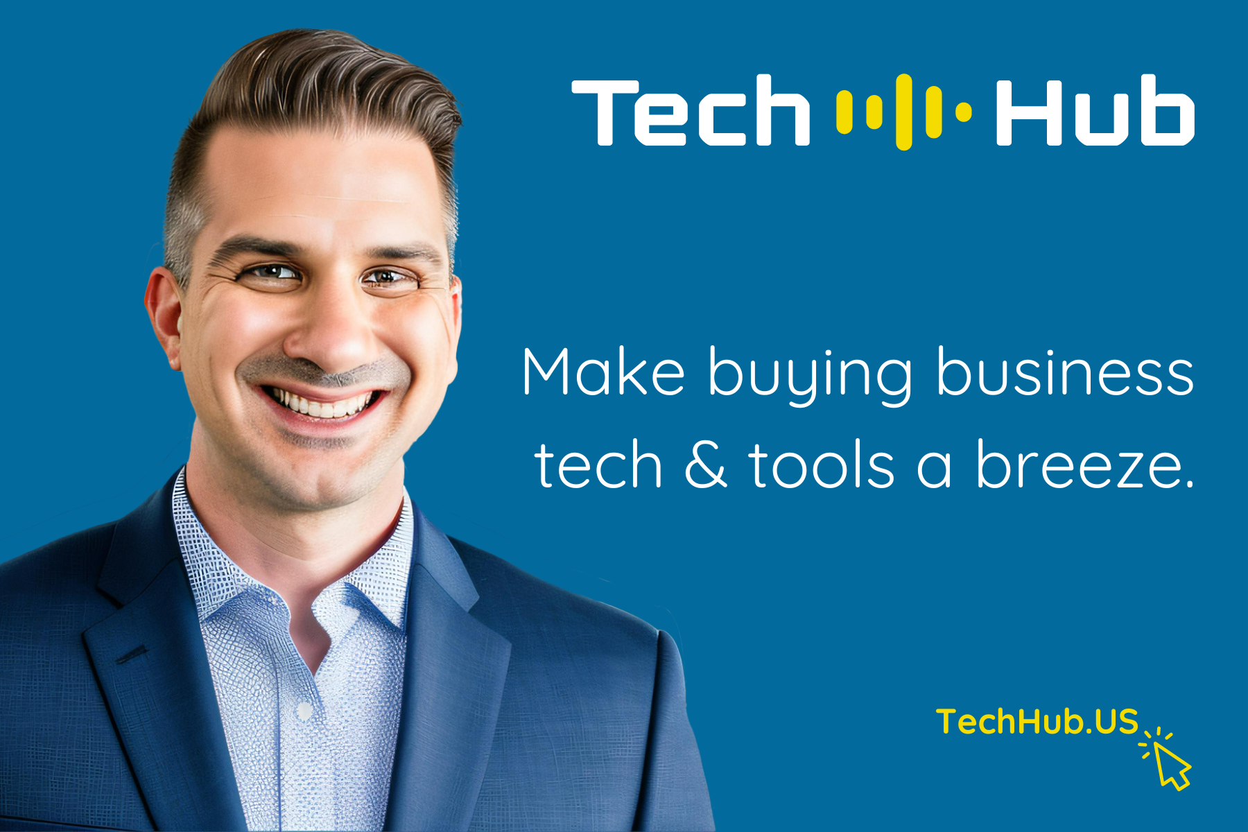 A man in a suit is smiling in front of a blue background that says tech hub