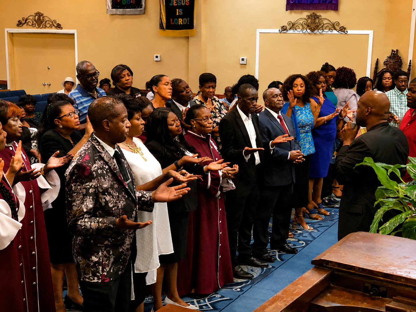 Choir performing in a decorated hall while an audience watches and claps