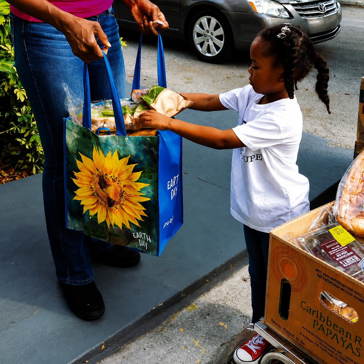 Child hands a bag of produce to a volunteer at a curbside food distribution.