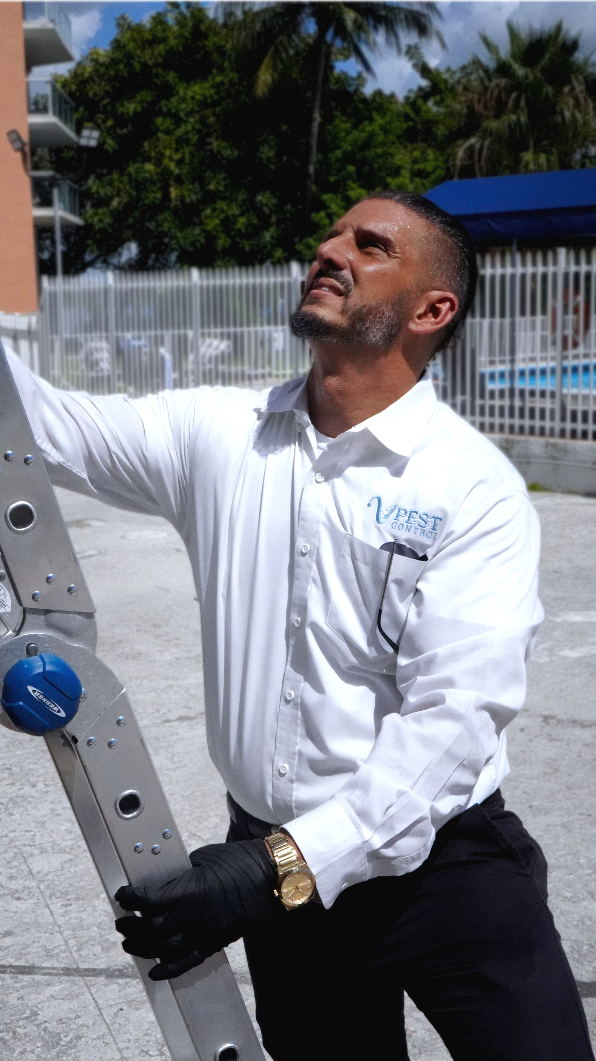 tech going up ladder for pest control