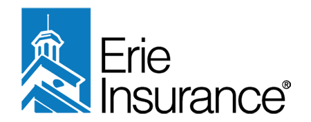 Erie Insurance logo with blue building icon and black text