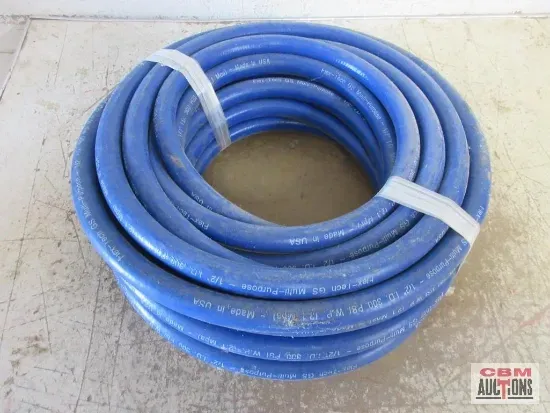 Coiled blue hose, secured with white bands.