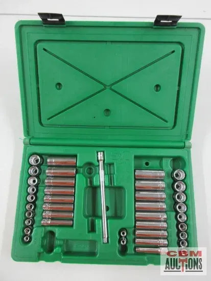 A green box with a lot of tools inside of it