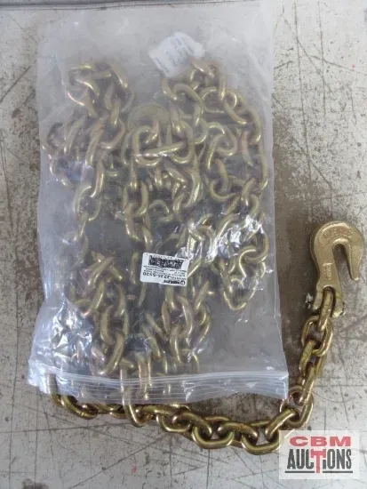 Bag of brass-colored chains with a hook, resting on a surface.