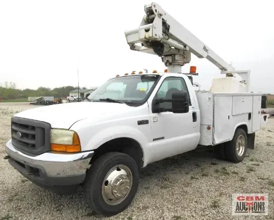 A white utility truck with a crane on top of it