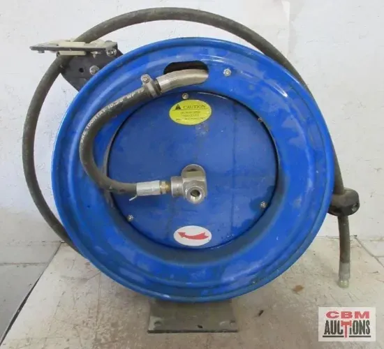 Blue air hose reel with black hose attached, mounted on a metal bracket.