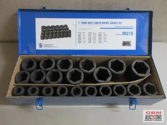 A blue metal case holding a set of black, deep-well sockets, arranged in size order. The case has a blue interior.
