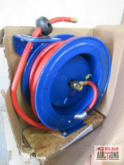 A blue and red hose reel is in a box that says gdm auctions