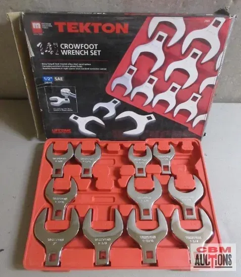TEKTON crowfoot wrench set in its box. The wrenches are silver and arranged in a red plastic tray.