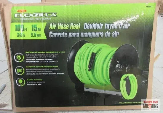 Boxed FLEXZILLA air hose reel, neon green hose on black reel, with text in English, French, and Spanish.