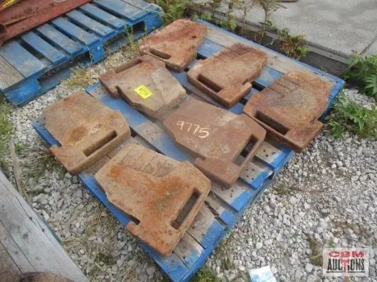 A bunch of rusty weights on a blue pallet