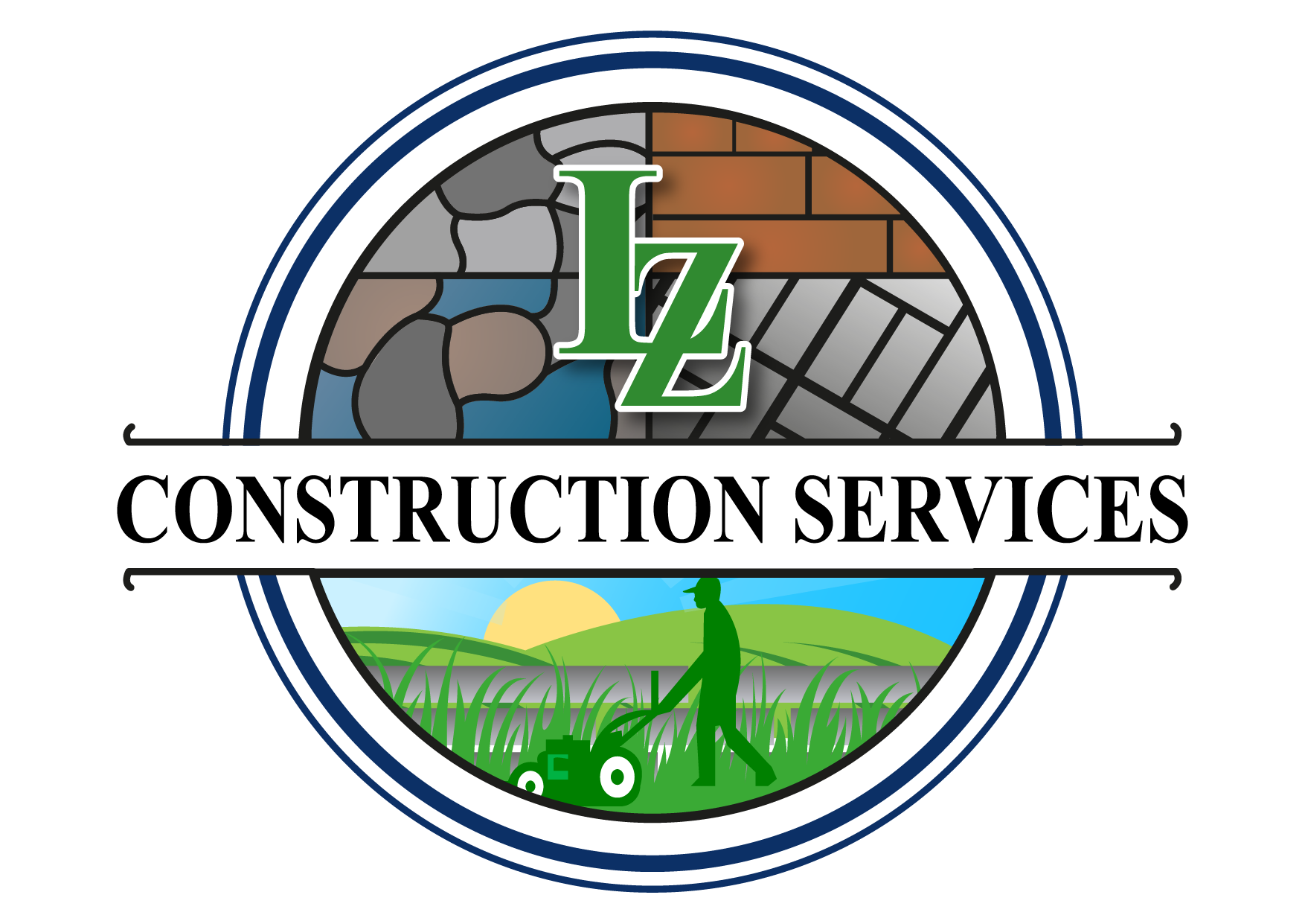 LZ Construction Services Logo for LZ Construction Services: Circle with stylized letters, brick, stone, and lawn care scene.