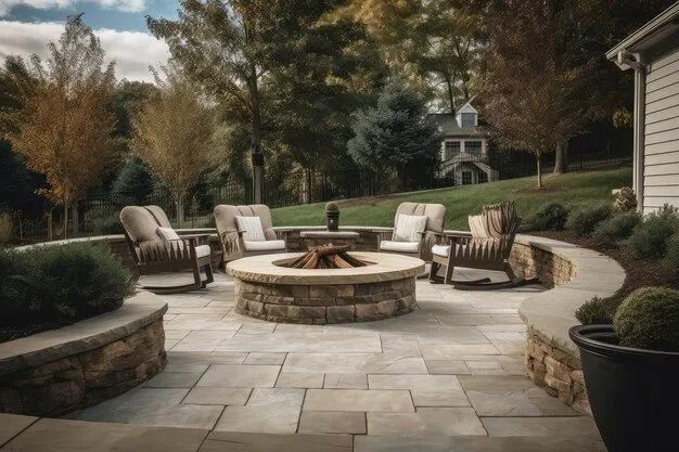 Stone patio with fire pit, seating, and a view of a house in the distance.