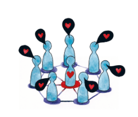 Gestileerde blauwe pionnen in een cirkel, sommige met zwarte harten erop en één centrale pion met een rood hart.