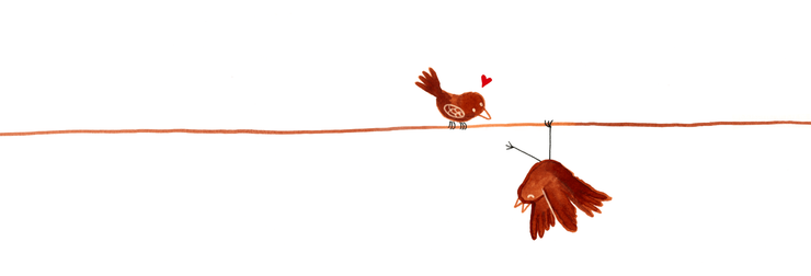 Klein bruin vogeltje zit op een draad boven een hangend oranje-bruin blad.