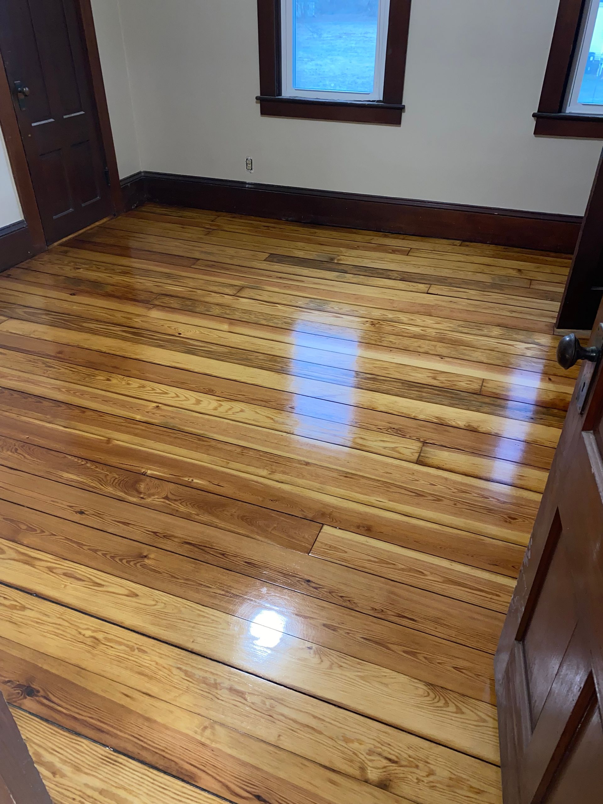 Freshly installed, gleaming hardwood floor in a well-lit room.