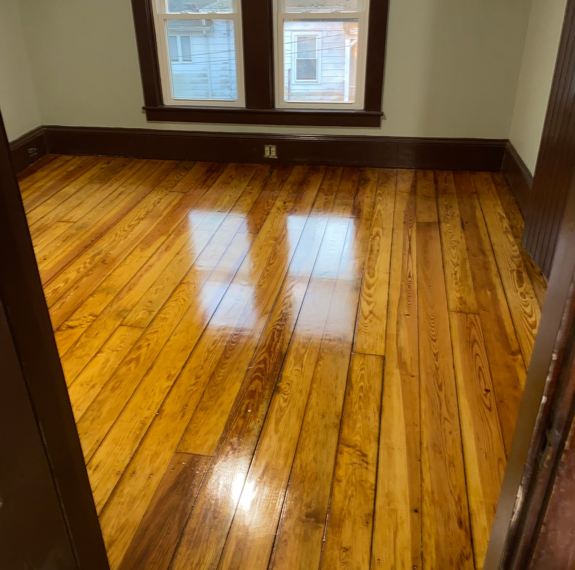 Freshly installed, gleaming hardwood floor in a well-lit room.